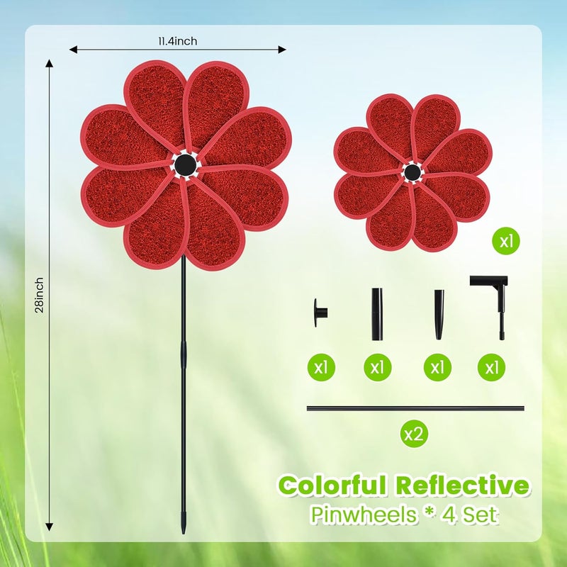 DECEED 4PCS 11.4" W x 28" H Reflective Pinwheels Sparkly Lawn Wind Spinners Colorful Rainbow Windmill for Garden Decoration Bird Devices Deterrent to Scare Birds Away (Red) - Image 3